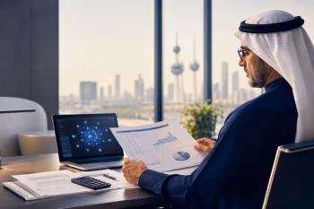دراسة جدوى بالذكاء الاصطناعي في الكويت: مستثمر يراجع تقريرًا ماليًا وتحليلات بيانات