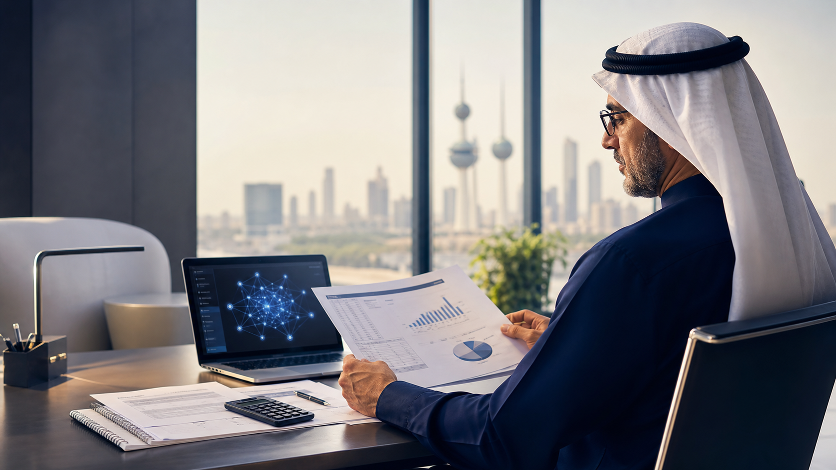 دراسة جدوى بالذكاء الاصطناعي في الكويت: مستثمر يراجع تقريرًا ماليًا وتحليلات بيانات